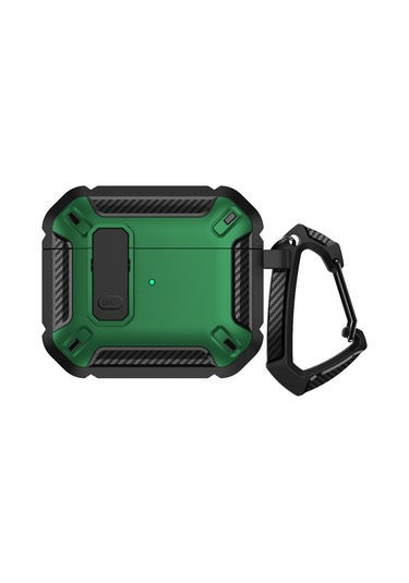 Airpods Uyumlu 3 İçin Kancalı Kalkan Darbeye Dayanıklı Kulaklık Koruyucu Kılıf Siyah Yeşil