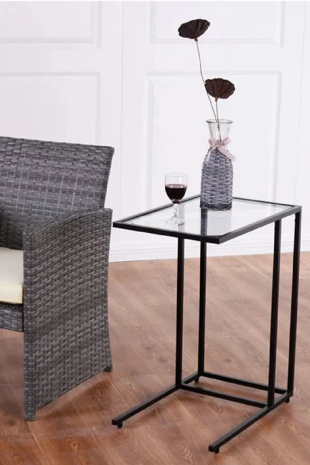 Şeffaf Temperli Cam C Sehpa Koltuk Sehpası Siyah-şeffaf