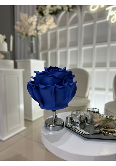 Dekor Yapay Eva Çiçeği Kablosuz Masa Lambası Saks Mavisi-gümüş 9v Pil 75-90 Saat