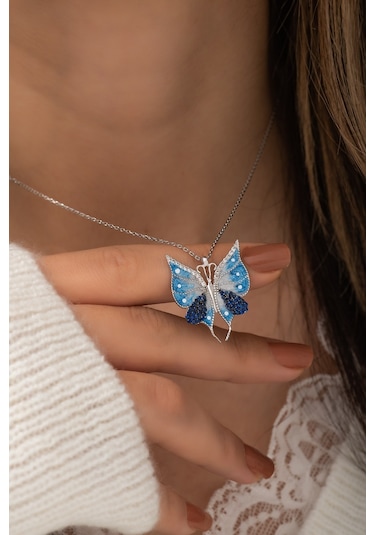 Nereze 925 Ayar Gümüş Mavi Mineli Kelebek Kolye Kadın Gümüş Kolye