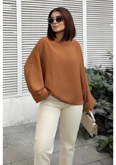 Kadın Taba Airobin Yarasa Duble Kol Salaş Bluz Ekstra Oversize Yuvarlak Yaka - Tesettüre Uygun Taba