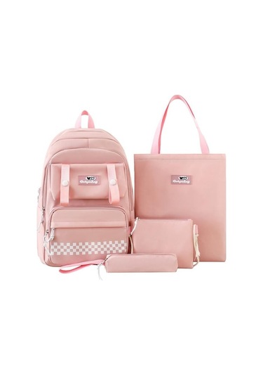 Novahub Dört Parçalı Sırt Çantası Seti Öğrenci Baskılı Okul Çantası Kızlar Büyük Kapasiteli Sırt Çantası Pembe Pembe
