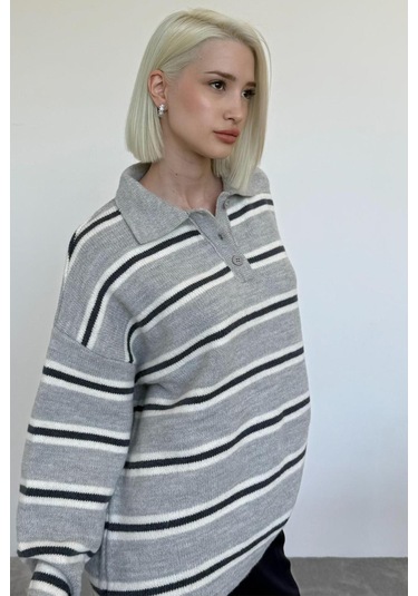 Gri Polo Yaka Çizgili Kadın Triko Kazak Mg2469 Gri