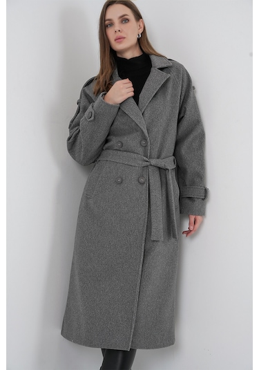 Kadın Kuşaklı Kaşe Kaban 9161 - Gri Gri