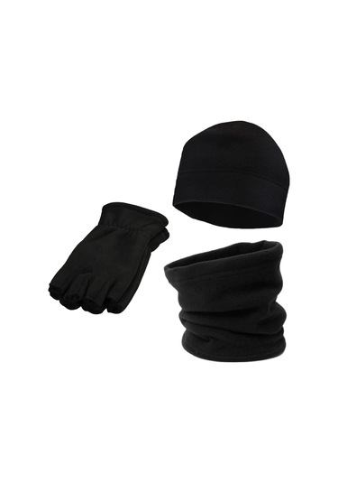 Unisex Kışlık Polar Parmaksız Eldiven - Bere - Boyunluk 3'lü Set Siyah