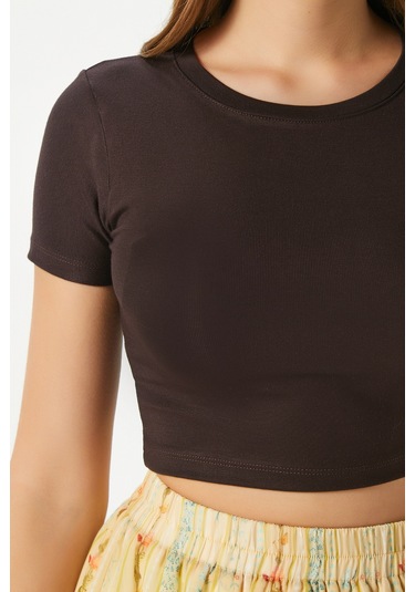 Kadın Deal Lux Touch Yumuşak Doku Crop Kahve Bluz