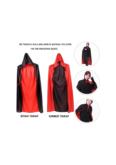Çift Taraflı Kullanılabilir Siyah Kırmızı Kapişonlu Pelerin 140 Cm Yetişkin