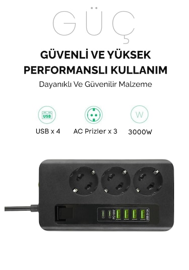 Pro P101 3x Priz 3000w Akım Korumalı 4x Usb 2x Type-c Girişli Çoklu Priz 0.2 M