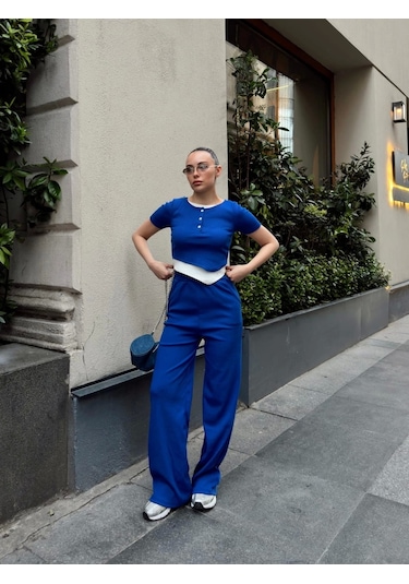 Düğme Yakalı Saks Alt Üst Takım S3943 Saks