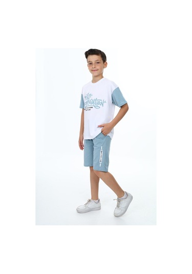 Erkek Çocuk Kısa Kollu Yazı Baskılı Şortlu Takım-5890-Mavi