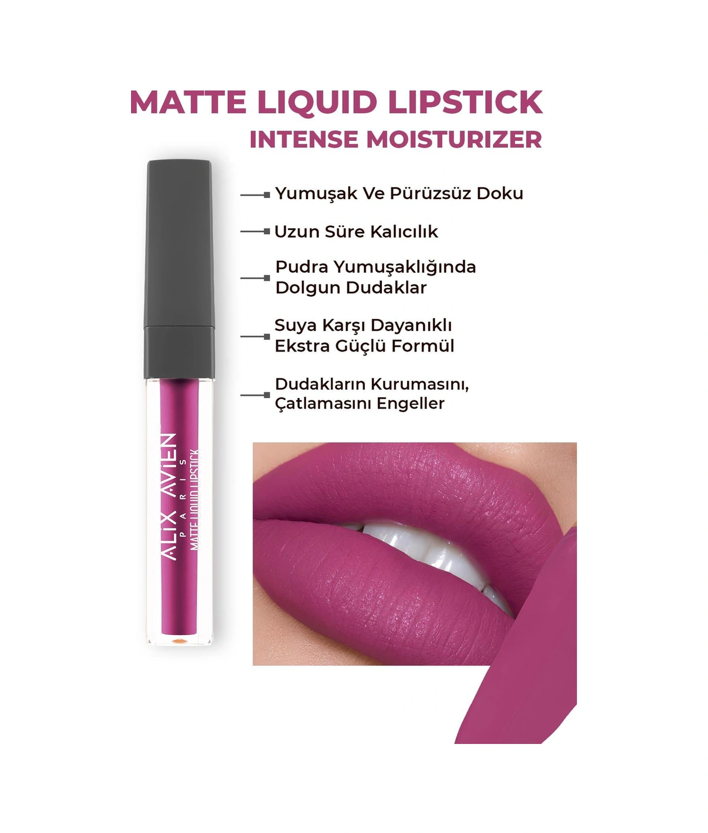 Alix Avien Uzun Süre Kalıcı Kadifemsi Kuruma Yapmayan Mat Likit Ruj Matte Liquid Lipstick 516 True Fuchsia