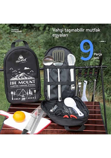 Açık Ocak Dokuz Parçalı Kamp Barbekü Paslanmaz Çelik Kesici Kesme Tahtası Ordu Yeşil Baskı 9 Parça Seti Yeşil