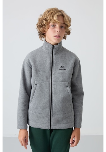 Gri Melanj Pamuklu Kalın İçi Tüylü Yumuşak Dokulu Standart Fit Nakışlı Erkek Çocuk Sweatshirt - 11245 Gri Melanj