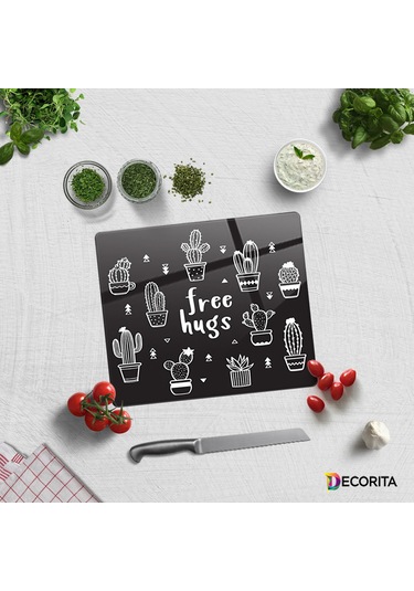 Decorita Cam Kesme Tahtası|Free Hugs-Siyah Fon|29cmx34cm
