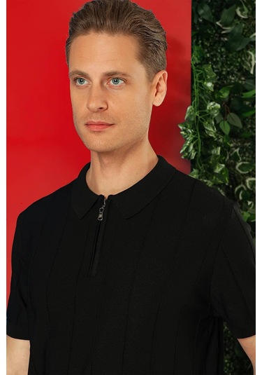 Slim Fit Fermuarlı Polo Yaka Kısa Kol Siyah Triko Tr 865 Siyah