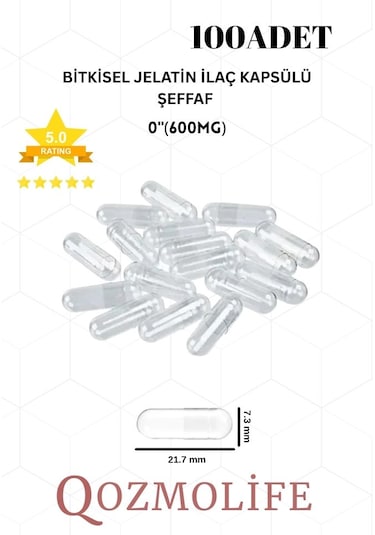 Qozmolife Orta Boy Şeffaf Bitkisel Jelatin Boş Kapsülü Helal Sertifikalı 0"600mg 100 Adet