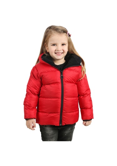 Kız Çocuk Kırmızı Içi Polarlı Kapüşonlu Su Geçirmez Rüzgara Dayanıklı Şişme Kışlık Mont & Kaban Kırmızı