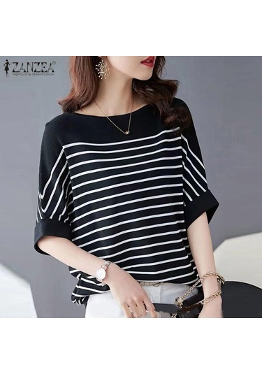 Zanzea Kadın Rahat O-yaka Kısa Kollu Çizgili Bluz Kırmızı