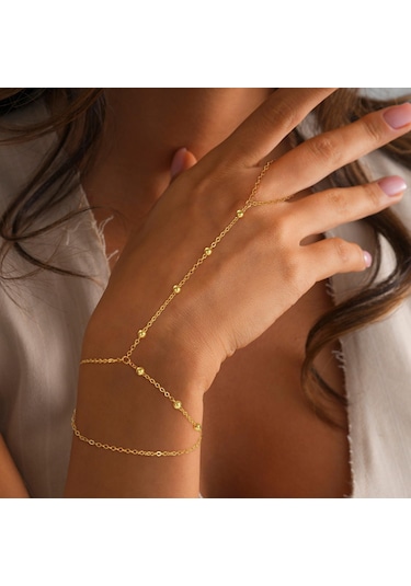 Fosenze 14k Altın Kaplama Kadın Bileklik - Çift Katlı Zincirli Yüzüklü Tasarım, Ayarlanabilir Ve Hipollerjenik, Zirve Mükemmel Hediye Altın