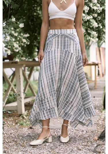 Peigi Çizgili Parçalı İndigo Midi Etek İndigo