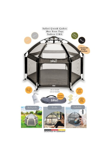 Kiwi Safari Çocuk-bebek Oyun Parkı Çadırı +50 Uv Korumalı,kolay Kurulum,alüminyum Sağlam Gövde- Siyah