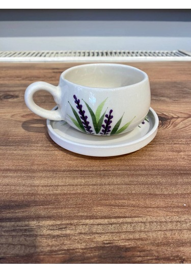 Seramik El Yapımı Fincan Takımı 2'li Set Lavanta Desenli Beyaz - Mor