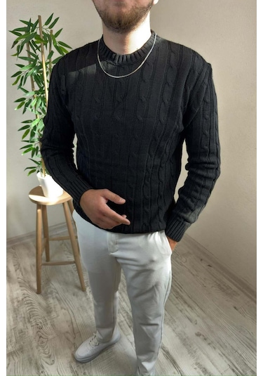 Erkek Siyah Örgülü Slim Fit Bisiklet Yaka Triko Kazak Siyah