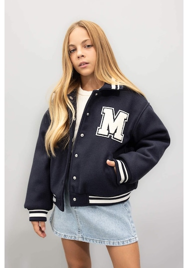 DeFacto Kız Çocuk Yazı Baskılı Çıtçıtlı Ribana Kollu Kolej Mont C5406A824AUNV256 Lacivert