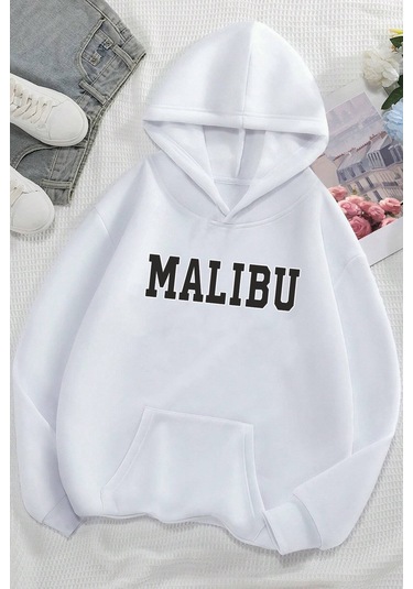 Malıbu Baskılı Oversize Sweatshirt Beyaz