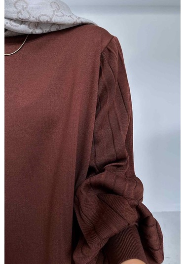 Balon Kol Merserize Elbise - Kahverengi