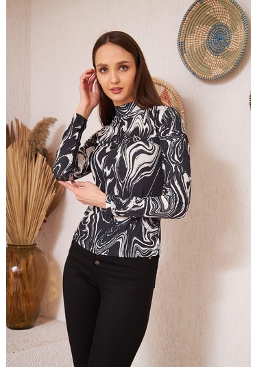 Siyah Zebra Baskılı Uzun Kollu Bluz DM1019 Siyah