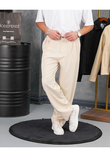 Modefendi Baggy Kalıp Pile Detaylı Kumaş Pantolon Bej
