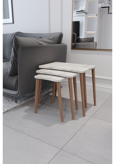 Esma Orta Sehpa Ve Zigon Sehpa 4'Lü Ahşap Ayaklı - Kristal