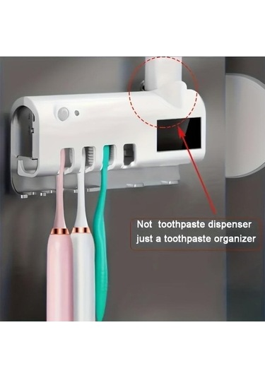 Bosphorusboutique02 4 Yuvalı Beyaz Diş Fırçası Uv Dezenfeksiyon Cihazı, Duvara Monte Akıllı Diş Macunu Dispenseri, Şarj Edilebilir Pilli Banyo Aksesuarları Beyaz