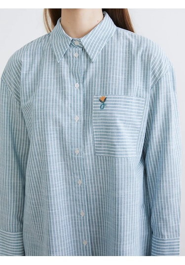 LC Waikiki Yeşil Çizgili Oversize Poplin Kadın Gömlek Tunik Yesil