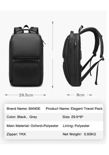 Bange BG-7261 USB Şarj Portlu Laptop Notebook Sırt Çantası Gri