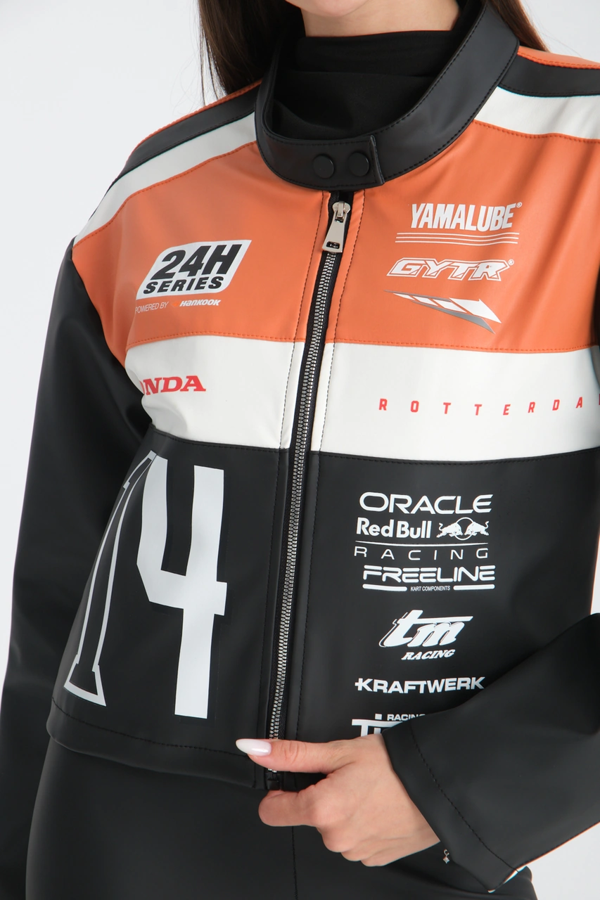 Kadın Oversize Baskılı Deri Şeritli Motorcu Montu Garnili Fermuarlı Yarışçı Ceketi Bomber Kolej Mont Oranj