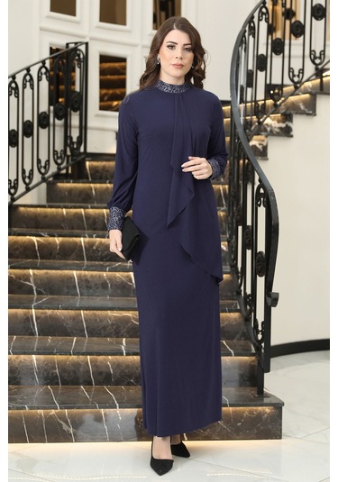 Sim Detaylı Efsane Tesettür Abiye Elbise Lacivert
