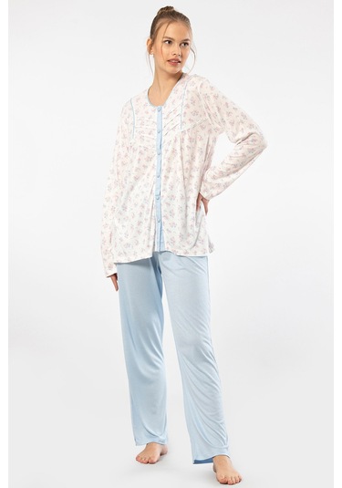 Türen 3367 Kadın Büyük Beden Uzun Kollu Pijama Takım-mavi Mavi