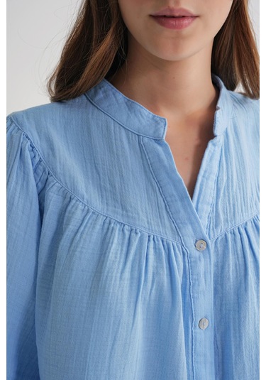 4733 Kadın Büzgü Robalı Uzun Kol Müslin Gömlek Bebe Mavi Bebe Mavi