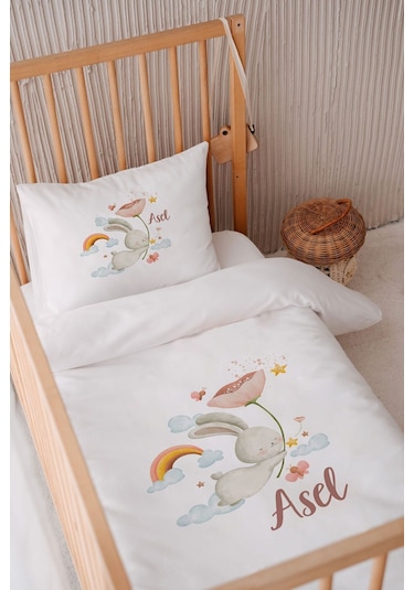 %100 Pamuk Saten Isme Özel Isimli 100x150 Bebek Yatak Nevresim Seti Tavşan
