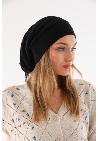 Kadın Ipli Bere Siyah Selanik Örgü Atkı Takım Siyah