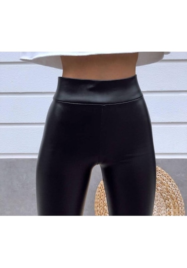 Kadın Yüksek Bel Içi Şardonlu Deri Tayt SiYAH
