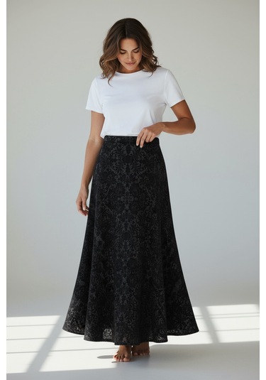 Kadın Beli Lastikli Desenli Sekiz Parça Balık Etek Mor