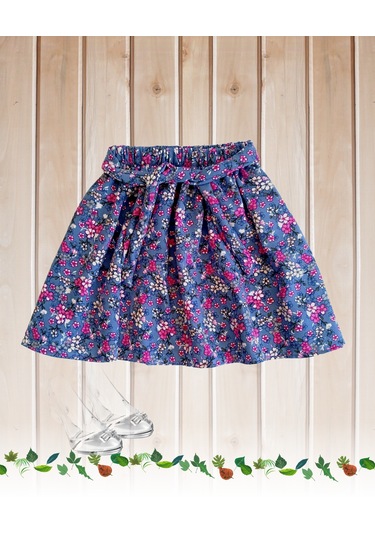 Çiçek Desenli Çocuk Etek - Koyu Gri Mavi Renk Tonunda Grimavi Gri - Mavi