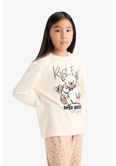 Defacto Kız Çocuk Regular Fit 2li Pijama Takımı Baskılı Uzun Kollu Üst Desenli Uzun Alt F6216a825wner103 Ekru