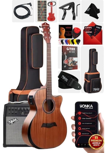 Maxword M450-EQ-50AMP Masif Ağaç 50W Amfili Elektro Akustik Gitar Seti üst Segment