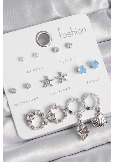 Pirinç Gümüş Renk İncli Zirkon Taşlı Halka Figür Yıldız Detay 7 Çift Kadın Küpe Seti Çok Renkli