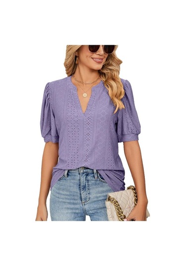 Yaz Katı Dantel Kadın Gömlek Zarif Içi Boş Puf Kısa Kollu Kazak Bluz Kadın Rahat V Yaka Gevşek Kadın Üstleri Blusas 24698 Mor