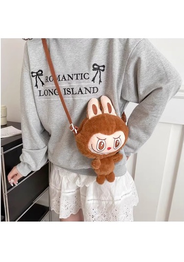 Labubu Karikatür Peluş Kız Çocuk Sevimli Çapraz Mini Çanta Kahverengi